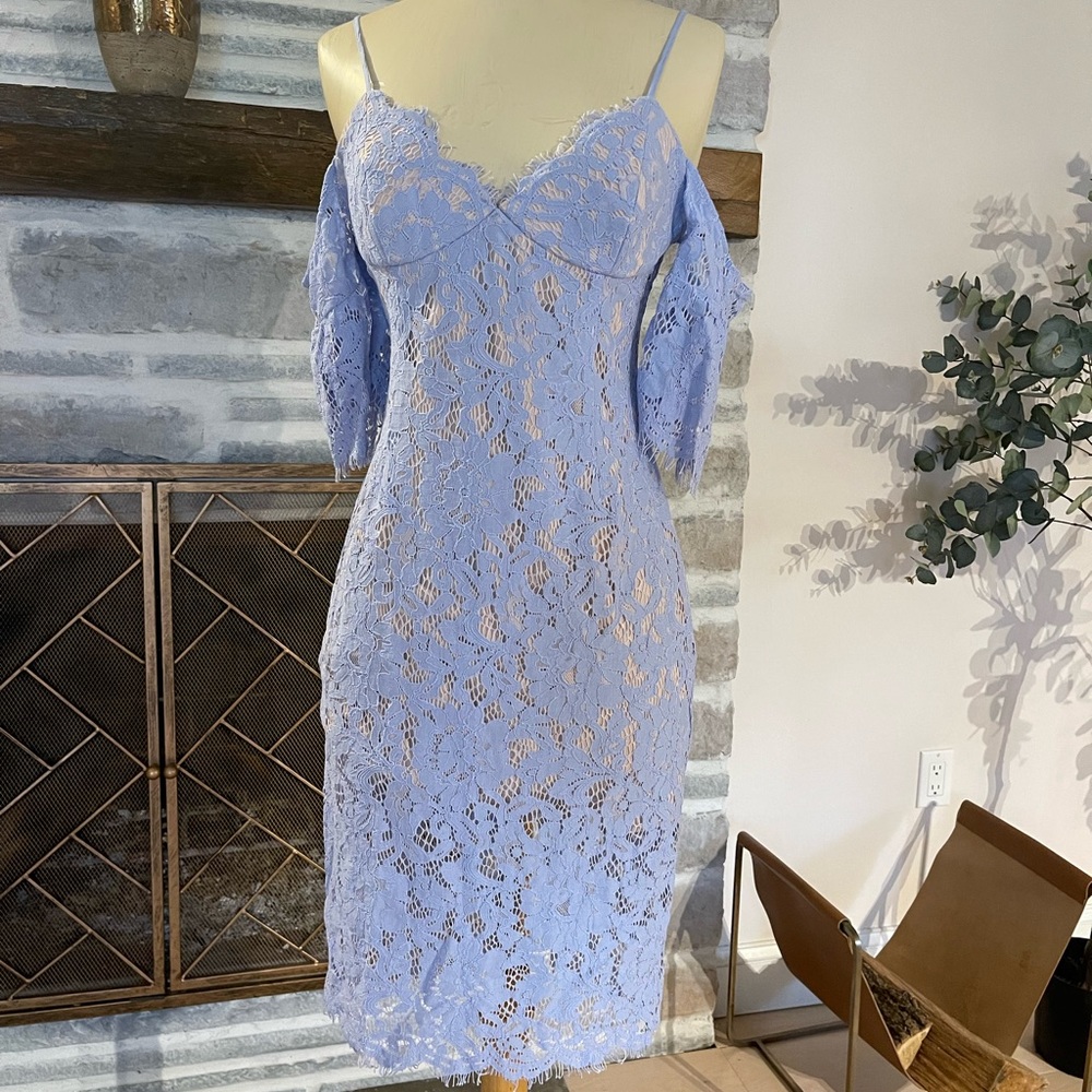 Design Lab Periwinkle Blue Lined Lace midi off shoulder dress